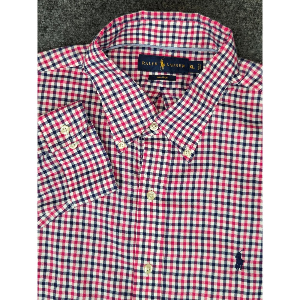Ralph Lauren Shirt Mens XL Non-Iron Cotton Gingham Button Down Pink Navy White